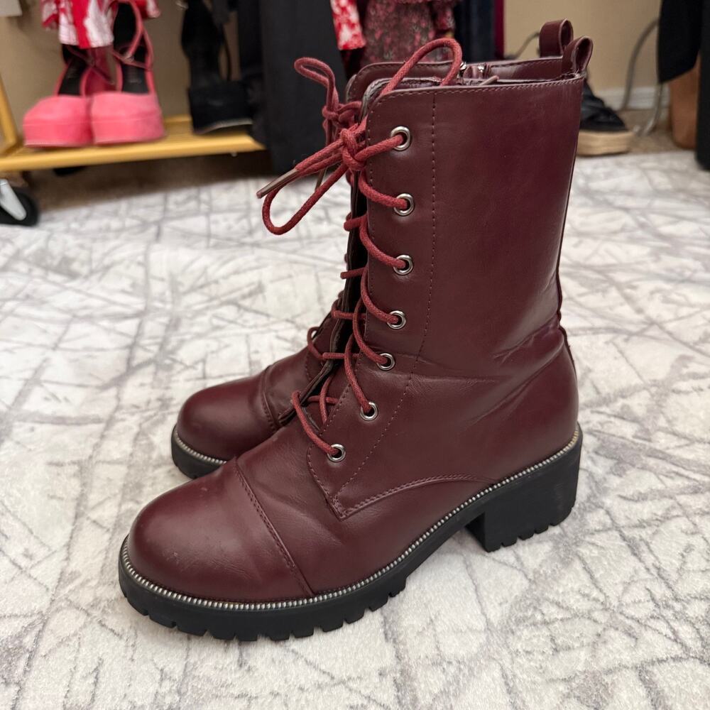 Burgundy Oxblood Lace Up Combat Boots Size 8 Chunky Lug Sole Block Heel - Picture 2 of 6